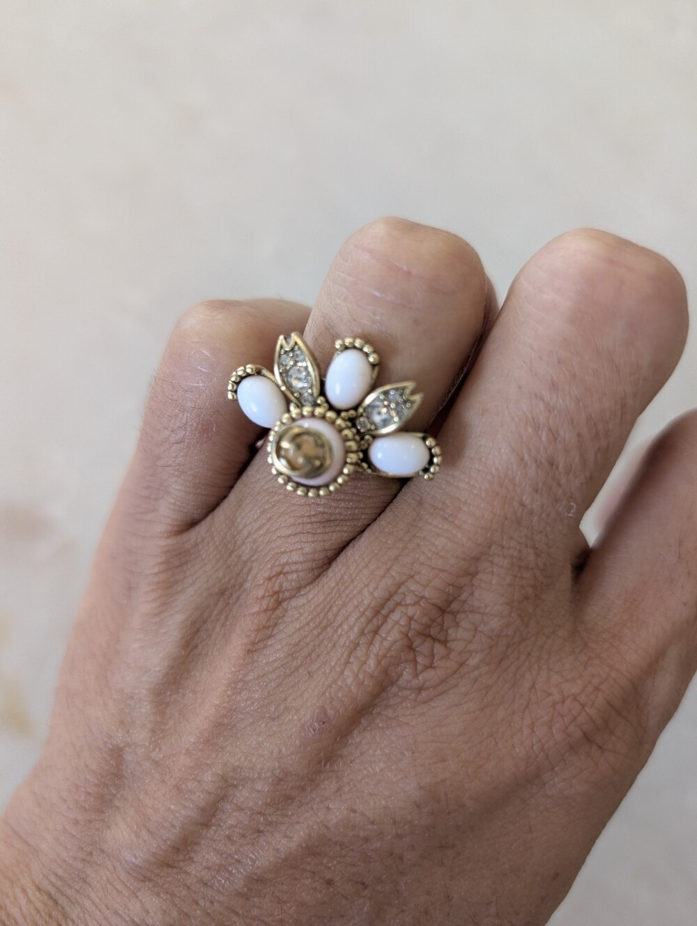 Gucci Gold Tone White Stone Floral Statement Ring